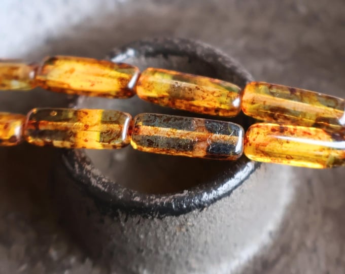 Amber Sticks - 15mm Czech Glass Beads -  Amber Picasso 8 Beads