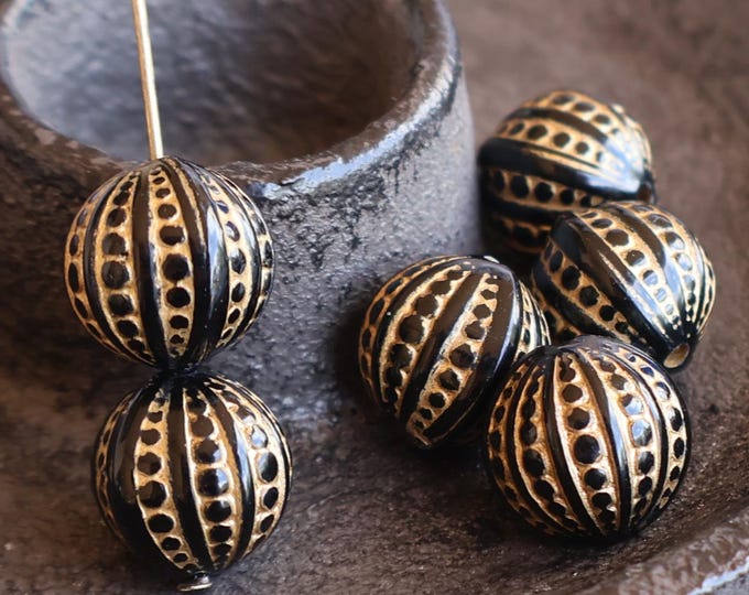 12mm Acrylic Moroccan Style Beads in Jet Black Gold