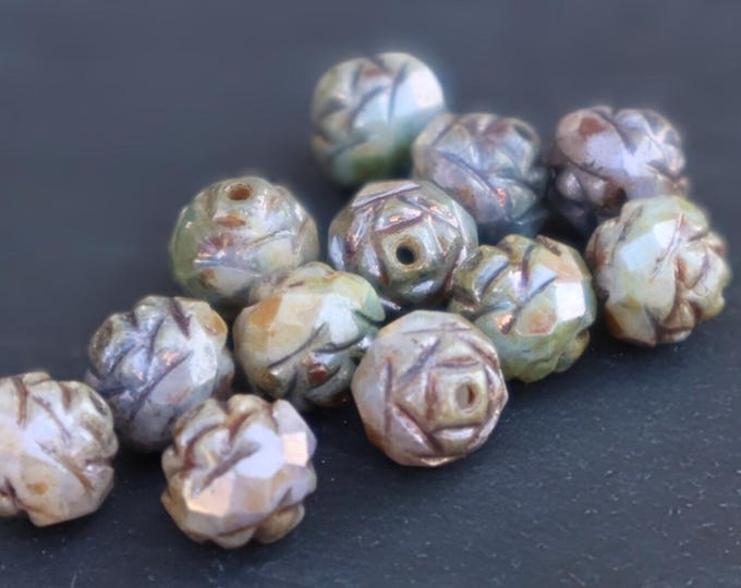 Czech Firepolished Glass Rosebud Beads - 8mm Opaque Green Luster Picasso - 12 Pack 12 - 6 Beads for Jewelry Making