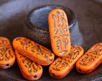 Czech Glass Beads -  25mm Cartouche Bead 10 - 28 Opaque Orange Bronze Picasso Beads