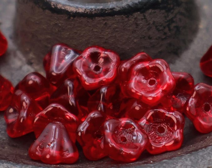 16 Czech Glass Flower Beads 6x8mm Ruby Siam (BX 7 - 12)