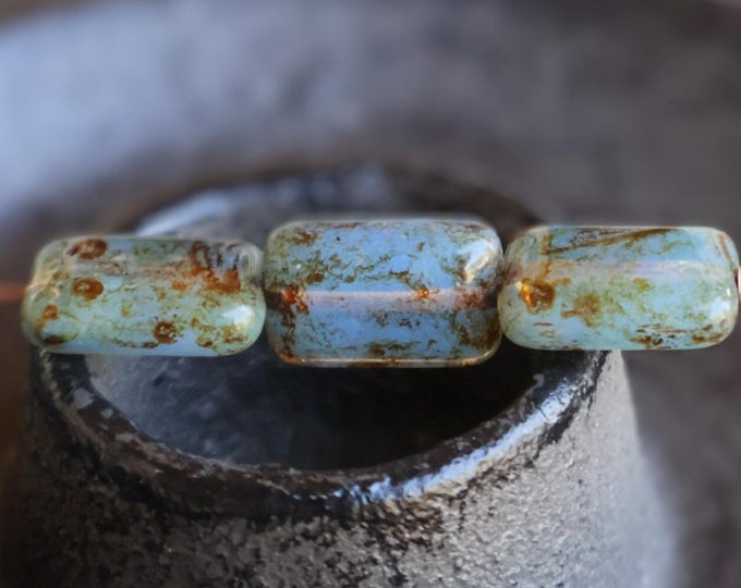 10 Czech Glass Rectangle Beads 8x12mm Milky Blue Sapphire Picasso