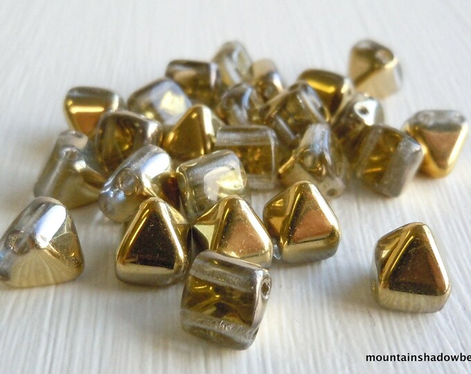 6mm 2 Hole Pyramid - Czech Glass Beads - Crystal Gold 25 pcs