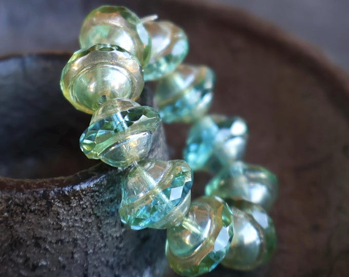 Aqua Silver Bronze Picasso - 10 Saturn Saucer Bead - Czech Glass Beads - 8x10mm - 10 - 2