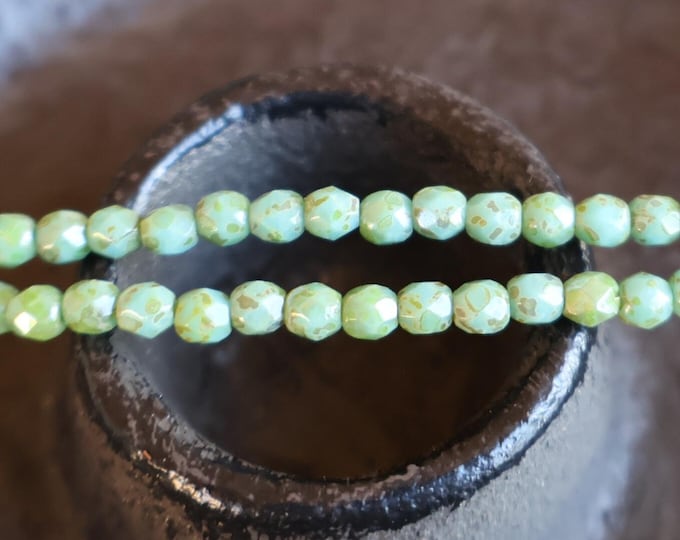 Czech Glass Beads 3mm Faceted Round Opaque Turquoise Picasso 50