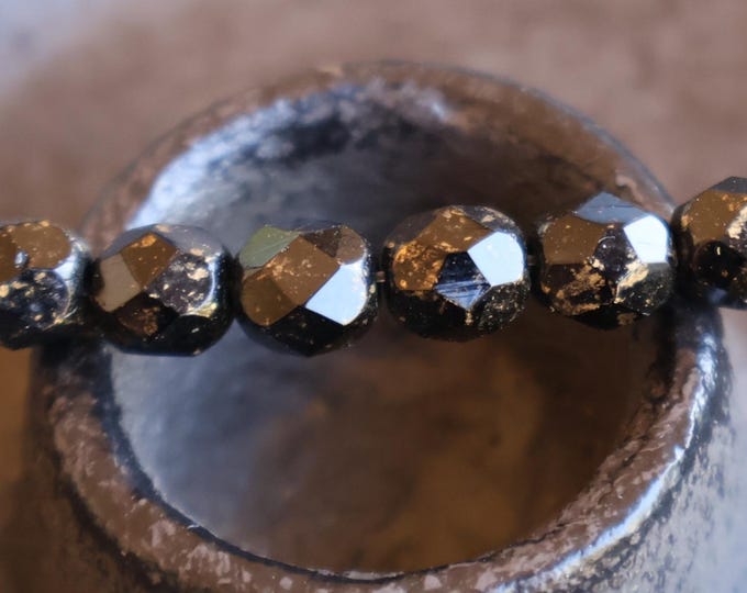 6mm Czech Jet Gold Picasso Glass Beads Firepolished Faceted