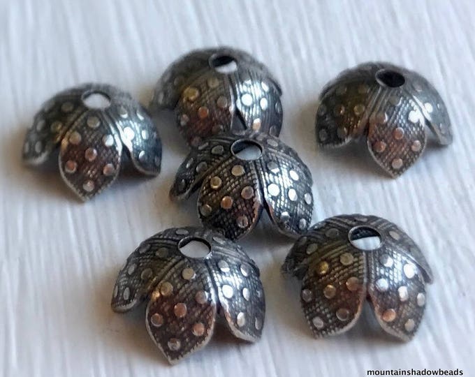8mm Brass Bead Cap- Polka Dot Antique Silver (BX 2 - 3)