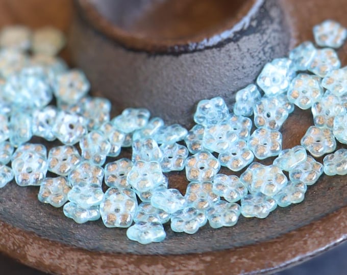 50 Czech Flower Beads 5mm Czech Glass Beads Light Aqua Luster Daisy Spacer (BX 7 - 12)