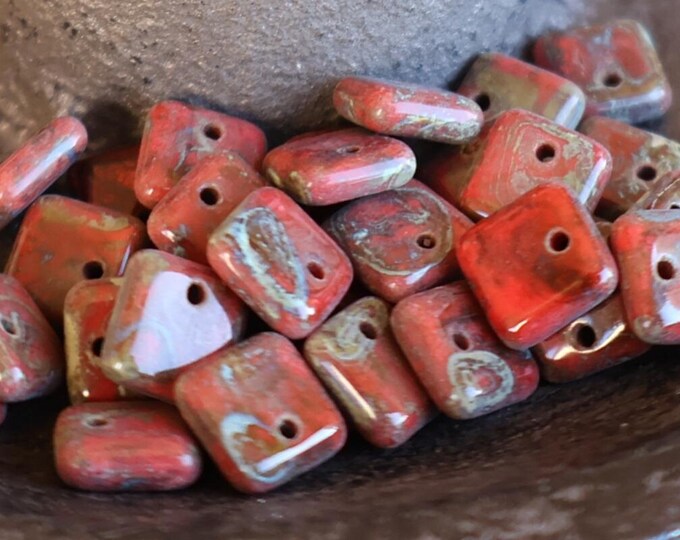 25 Czech Glass Beads 6mm Square Lentil Opaque Red Picasso