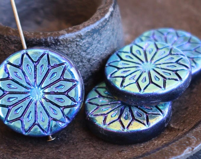 4 Czech Glass Flower Bead - 18mm Large Origami Bead Sacred Geometry - Blue Iris