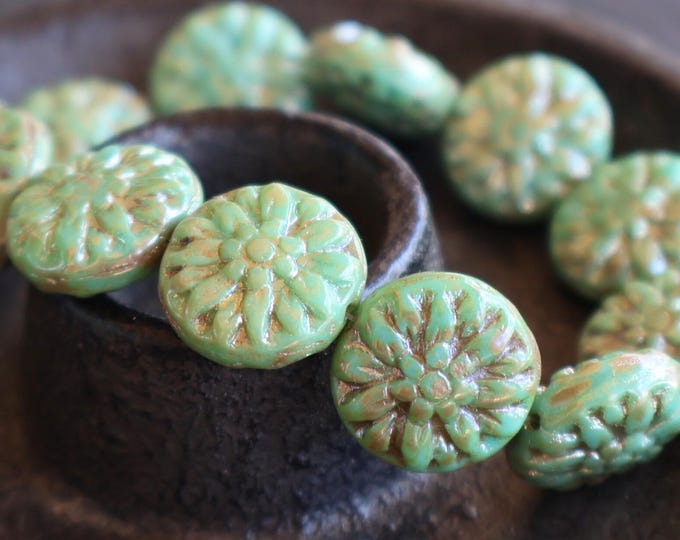 6 14mm Czech Glass Dahlia Beads - Opaque Turquoise Celsian Picasso 12 - 9 Beads for Jewelry Making