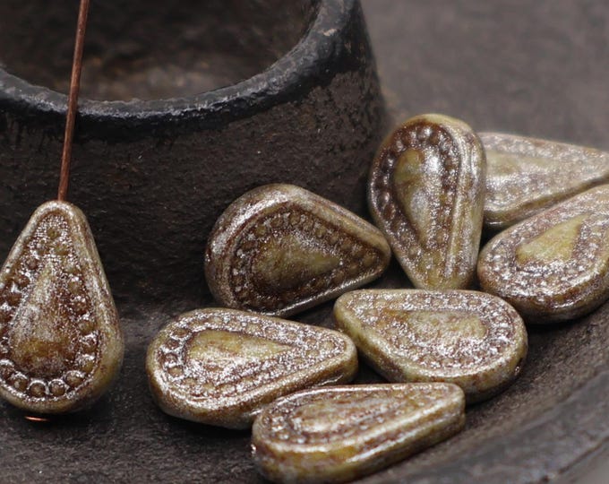 8 - Czech Paisley Tear Drop Bead Brick Opaque Olive Antique Silver