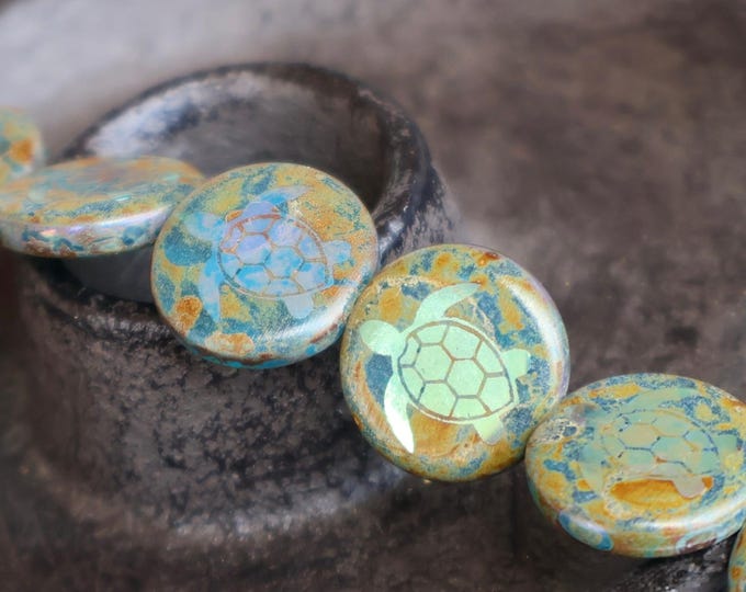 Sea Turtle Coin Bead - 16mm Czech Glass Beads -  Aqua Picasso  Laser Etched 4 pcs