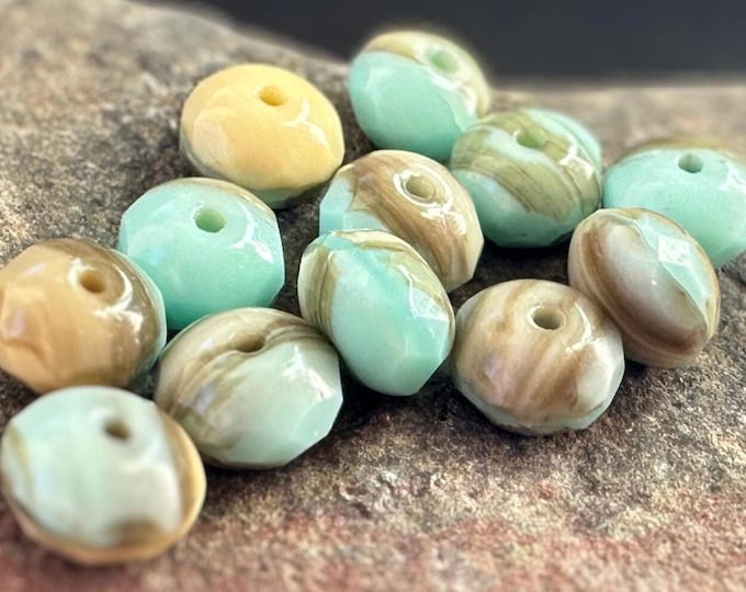 8mm Czech Glass Beads Firepolished Rondelle Turquoise Beige