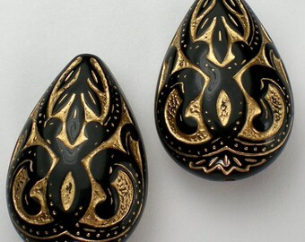 2 27mm Acrylic Teardrop Bead Jet Black Gold BX 9 30