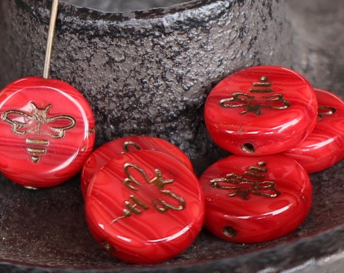 6 Czech Glass  - 12mm Bee Coin Bead - Red Velvet Bronze Picasso