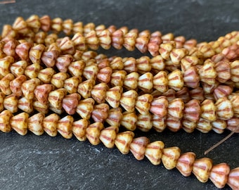 25 Czech Glass Baby Bell Flower Beads Opaque White Pink Topaz Picasso 4x6mm  (BX 8 - 26) Jewelry and Beading Supplies