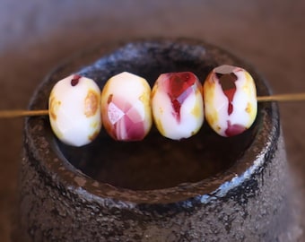 Czech Glass Bead 12 Opaque White Raspberry Picasso 9mm Rondelle (BX 7 - 11)