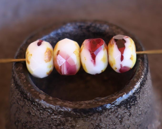 Czech Glass Bead 12 Opaque White Raspberry Picasso 9mm Rondelle (BX 7 - 11)