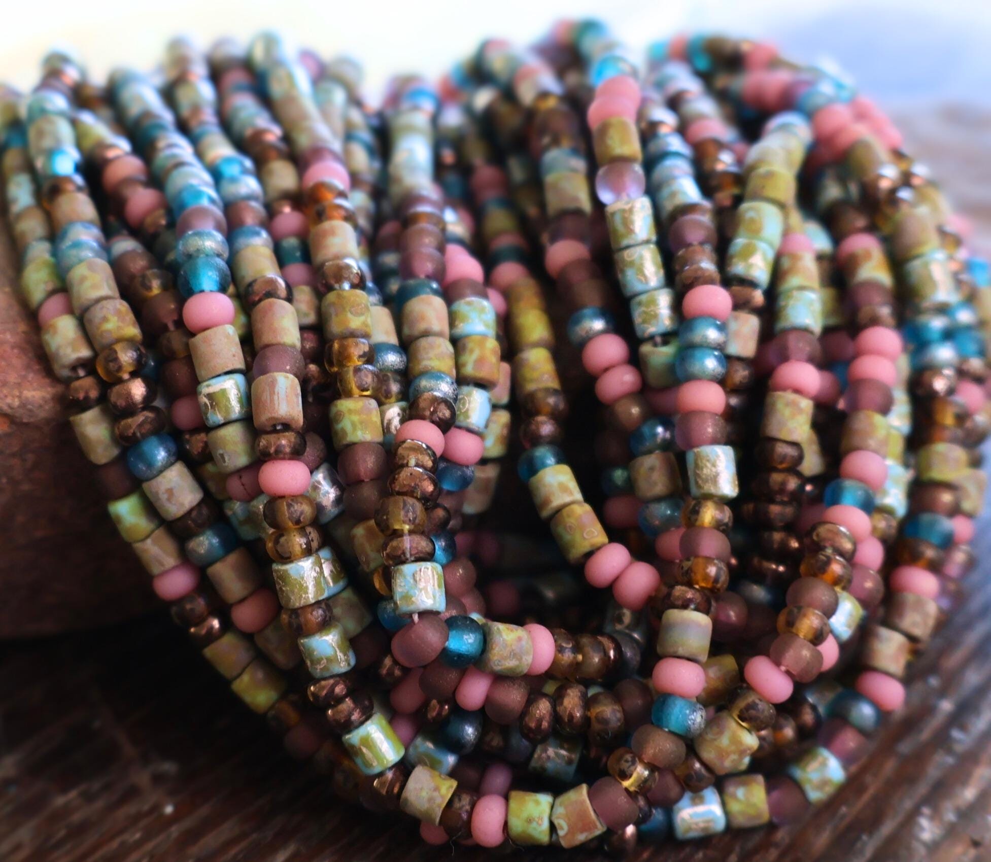 Czech Picasso Aged Multi Color Bugle & Seed Bead Mix Size 6/0 - (PBM - 106) Jewelry and Beading Supplies, Pink, Turquoise, Brown, Greens