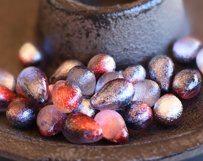 25 Czech Glass Teardrop Beads Turquoise Crystal Platinum Mauve Etched 6x9mm 9 - 30