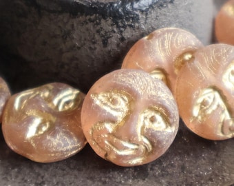 6 - 13mm Moon Face Bead - Czech Glass Bead - Matte Peach Gold Picasso 12 - 9