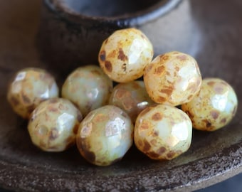 10mm Firepolished Faceted Round Beads Milky Beige Bronze Picasso Czech Glass Beads BX 7 - 11