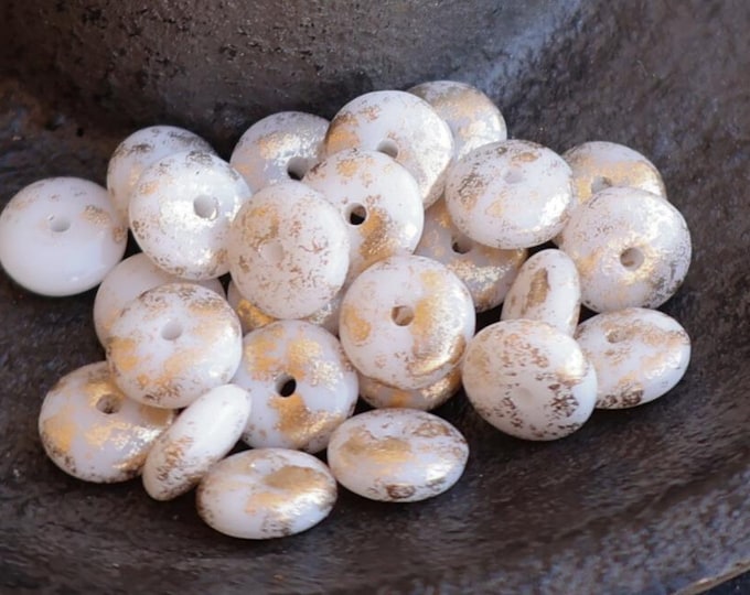 25 Czech Pressed Glass Rondelle Spacer Beads 6mm Opaque Ivory Gold Sun Fire Picasso (12 - 17)