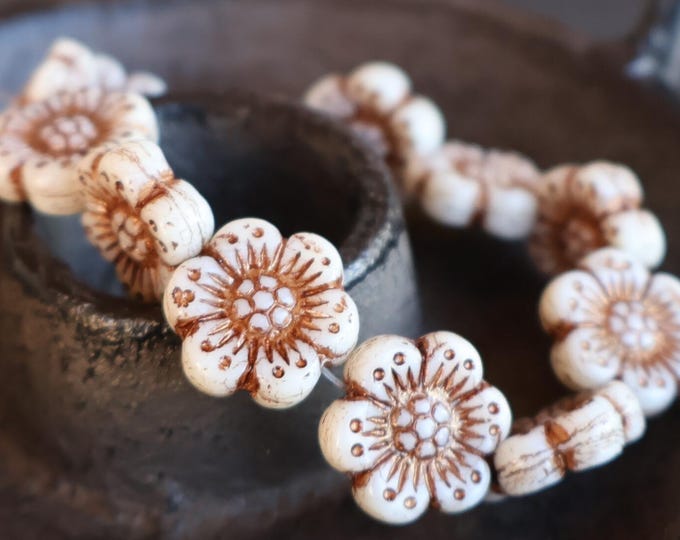 6 Czech Glass Flower Bead - 14mm Wild Rose Bead - White Bronze Picasso 12 - 9