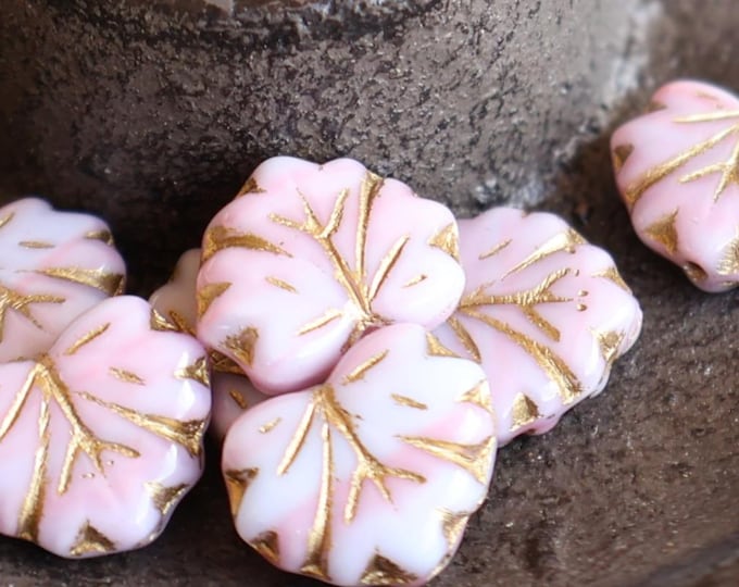 6 Czech Maple Leaf Beads 10x13mm Opaque White/Pink Gold Picasso - Czech Glass Beads