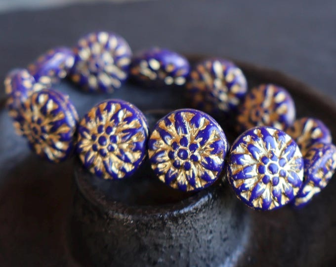 6 14mm Czech Glass Dahlia Beads - Opaque Royal Blue Gold Picasso 3 - 29 Beads for Jewelry Making