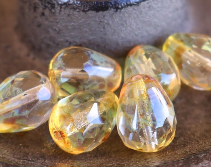 6 13mm Large Faceted Drops Crystal Picasso  Czech Glass Beads BX 9 - 29 Jewelry and Beading Supplies