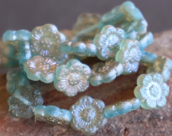 6 Czech Glass Flower Bead - 14mm Wild Rose Bead - Aqua Celsian 3 - 29 Specialty Beads for Jewelry Making