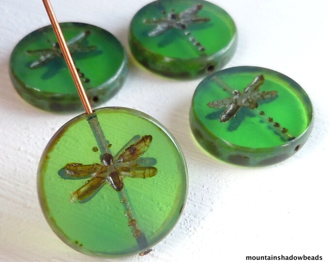 Green Dragonfly Beads - Czech Glass Beads, Picasso Czech Beads, Table Cut Coin Beads