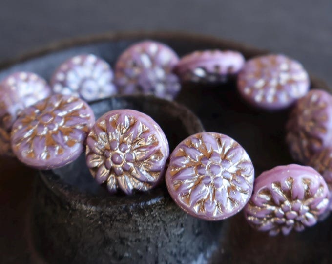 6 14mm Czech Glass Dahlia Beads - Opaque Lavender Silver Picasso 3 - 29