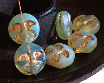6 - 13mm Moon Face Bead - Czech Glass Bead - Vaseline Yellow Opal Gold Picasso