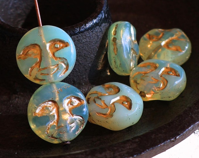 6 - 13mm Moon Face Bead - Czech Glass Bead - Vaseline Yellow Opal Gold Picasso