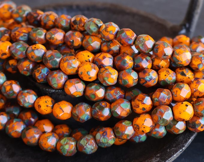 6mm Czech Glass Beads Firepolished Faceted - Wild Pumpkin Spice Picasso  (08 - 26) Jewelry Making and Beading Supplies