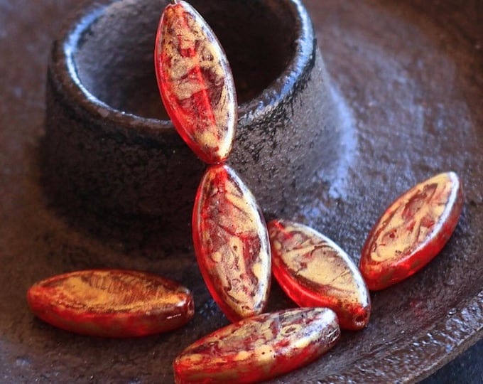 Czech Picasso Beads Goldwashed Ruby Czech Spindle Bead 16mm Red