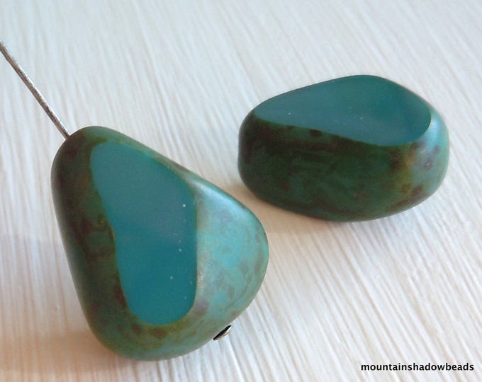 Czech Nugget Tear Drop Bead - Turquoise Picasso - Czech Glass Bead 19mm Nugget Drop - 2 pc