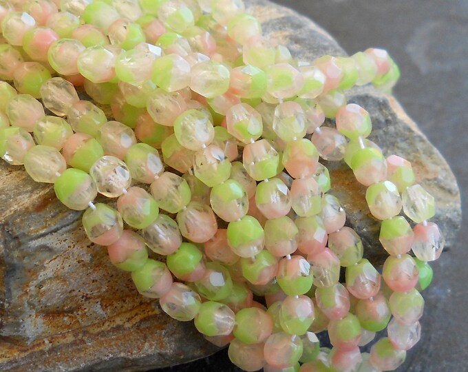 4mm Firepolished Faceted - Czech Glass Beads Milky Green Pink Crystal