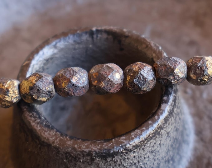 6mm Czech Glass Beads Firepolished Faceted - Jet Stone Gold Picasso