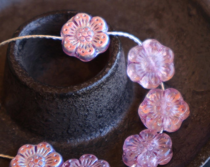 Czech Glass Flower Bead - 14mm Wild Rose Bead - Crystal Rosaline Picasso