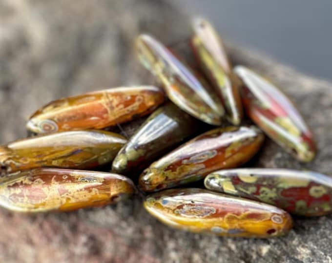 10 Czech Glass Beads - 5x16mm Milky Orange Picasso Daggers ( 12 - 9)