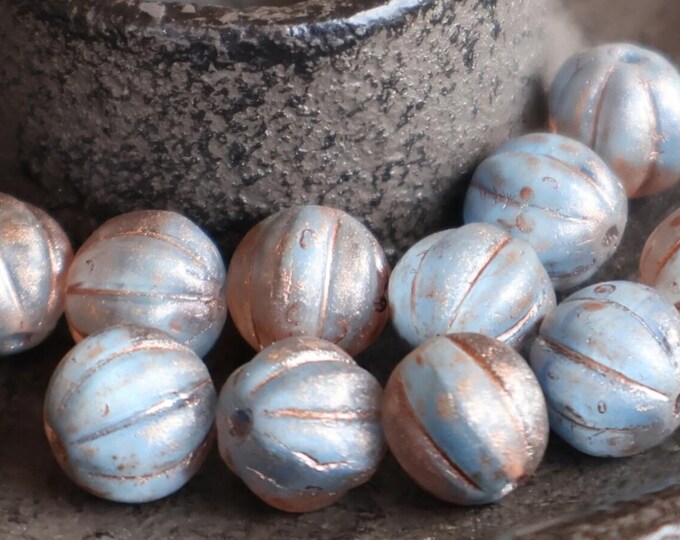 8mm Czech Glass Melon Beads Misty Pale Blue Copper Picasso - 16 Beads