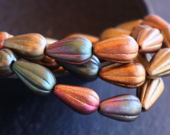 Czech Glass Beads 6 Tear Drop Beads Metallic Bronze Luster 13mm 12 - 9 Jewelry and Beading Supplies