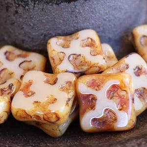 Czech Picasso Beads  10mm Square Opaque Beige 6  Czech Glass Beads (BX 8 - 26)