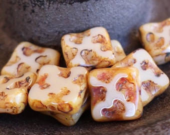 Czech Picasso Beads  10mm Square Opaque Beige 6  Czech Glass Beads (BX 8 - 26)