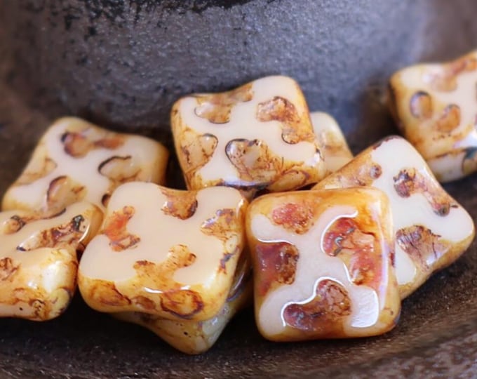 Czech Picasso Beads  10mm Square Opaque Beige 6  Czech Glass Beads (BX 8 - 26)