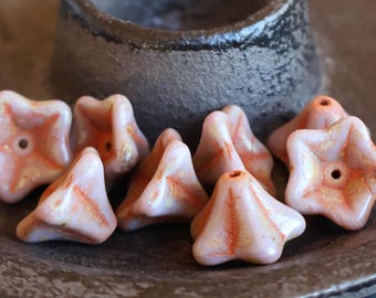 10 Opaque Purple Picasso Czech Glass Flower Beads Trumpet  8x13mm (BX 9 - 30)